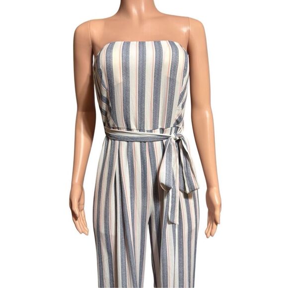 Trac women strapless stripe tie waist jumpsuit L - Picture 4 of 7